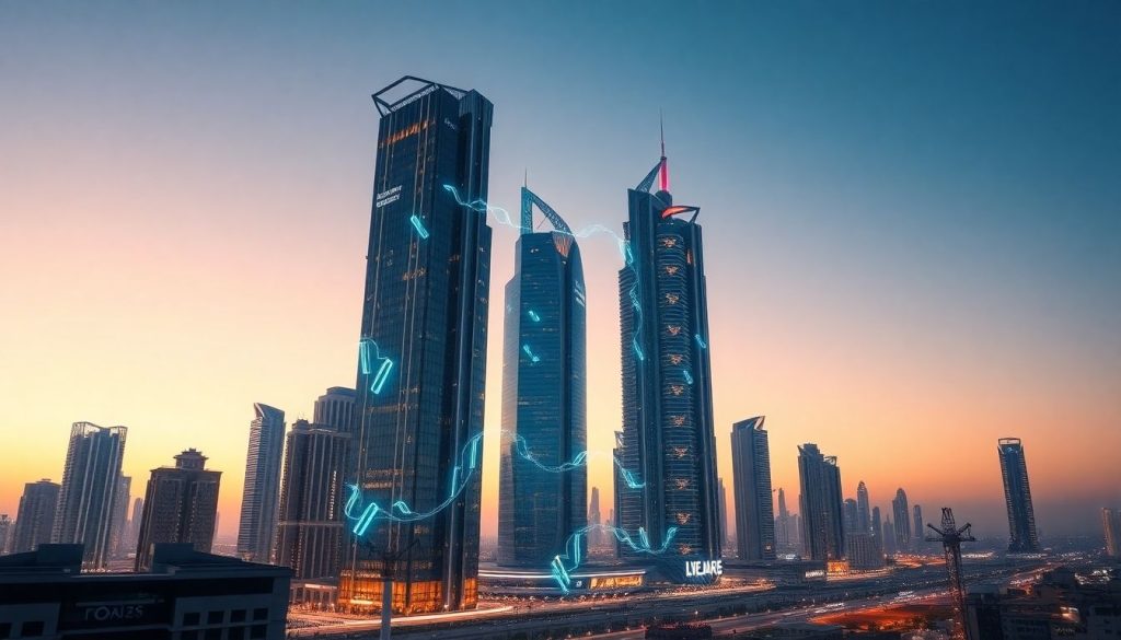 Modern Dubai skyline with digital overlay