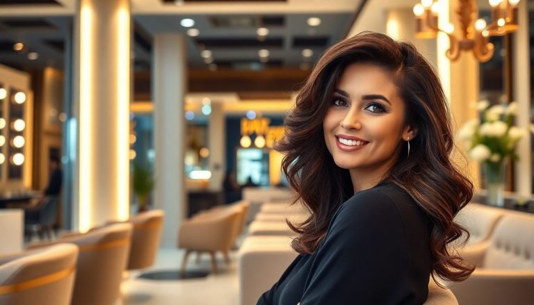 Elegant woman getting hair styled at a luxurious Dubai salon.