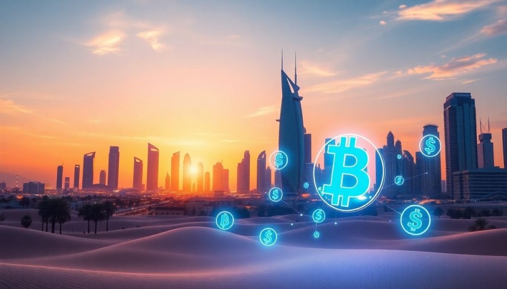 Futuristic skyline, digital currencies, desert city.