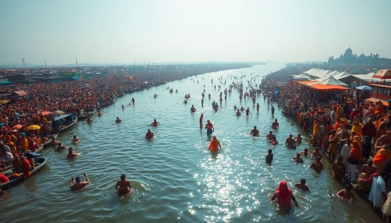 Millions of Hindu pilgrims bathing in the Ganges.