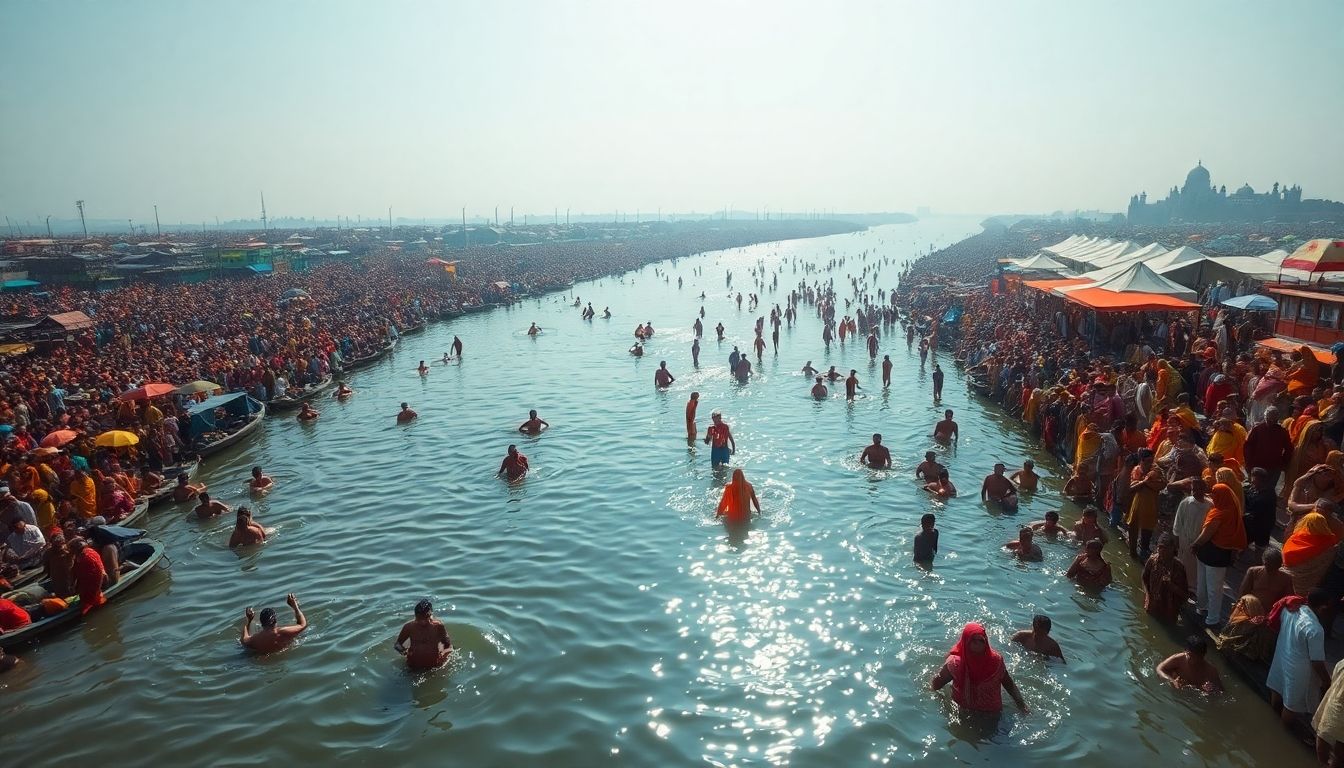 Millions of Hindu pilgrims bathing in the Ganges.