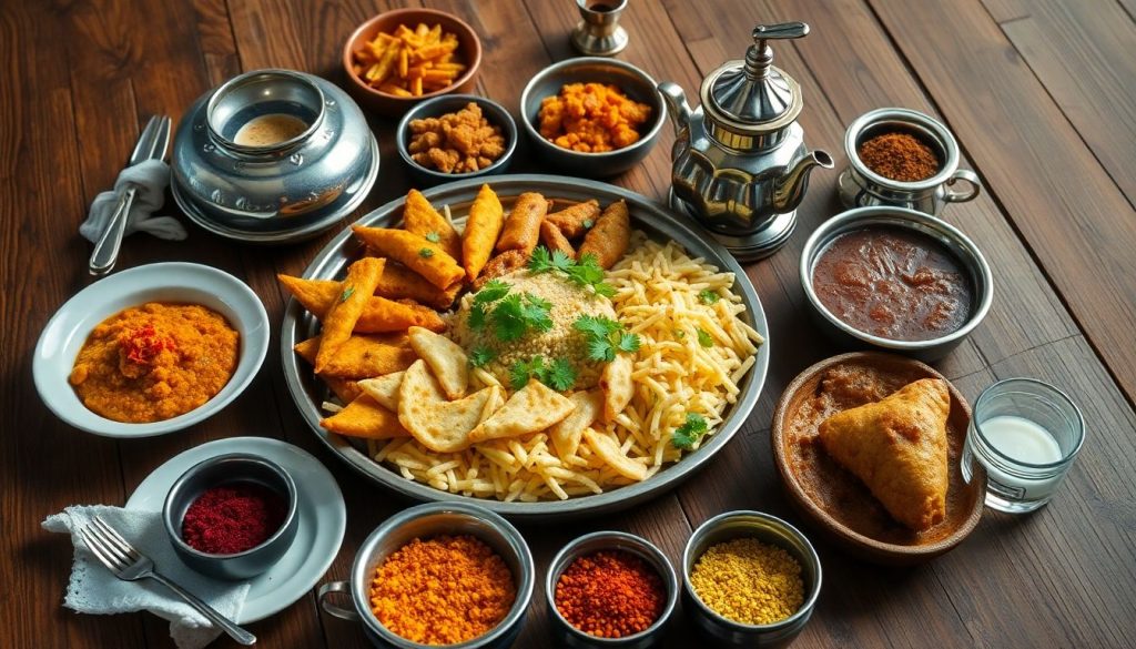 Emirati dishes, spices, and a traditional coffee pot.