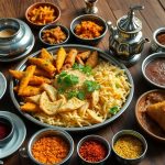 Emirati dishes, spices, and a traditional coffee pot.