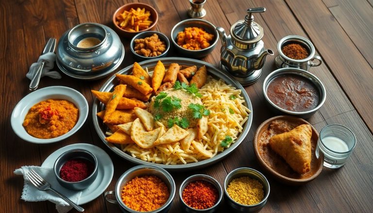 Emirati dishes, spices, and a traditional coffee pot.