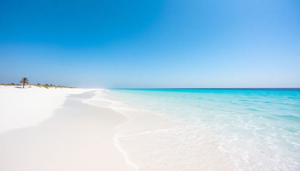 Sunny UAE beach, azure water, white sand, clear sky.