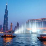 Burj Khalifa, Dubai Fountain, traditional dhow boats.