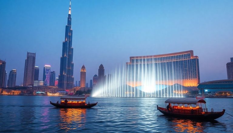 Burj Khalifa, Dubai Fountain, traditional dhow boats.
