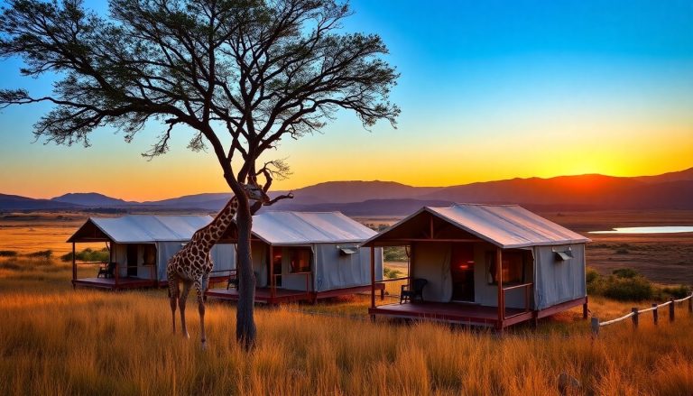Luxury safari tents at sunset with a giraffe and acacia