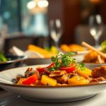 Elegant halal dishes on a table.
