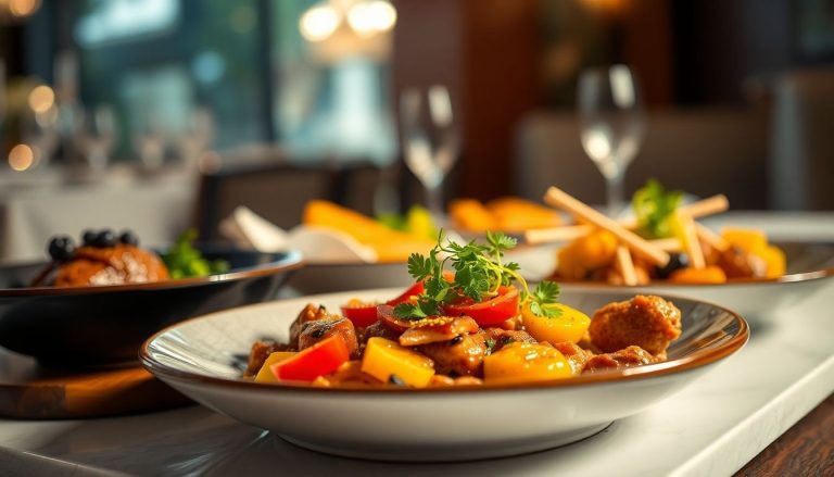 Elegant halal dishes on a table.