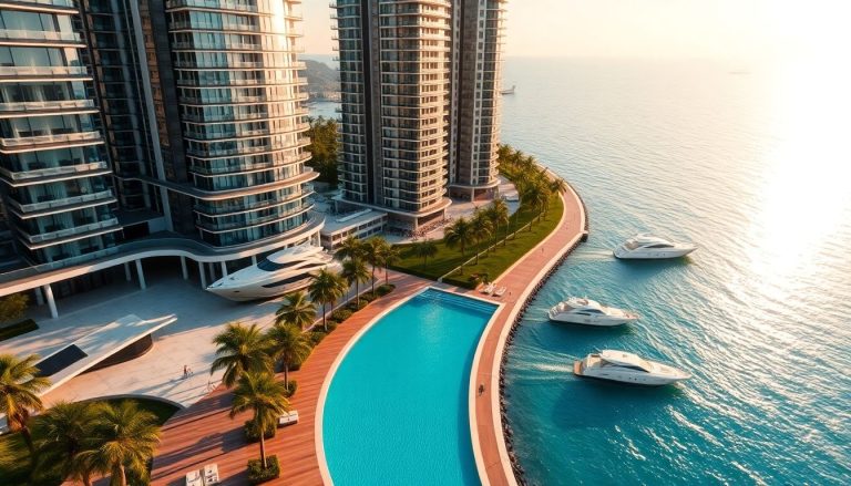Glass high-rises, palm-lined deck, infinity pool, yachts by sea, sunset.