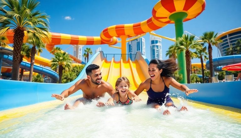 Family enjoying Dubai's Atlantis waterpark slides.