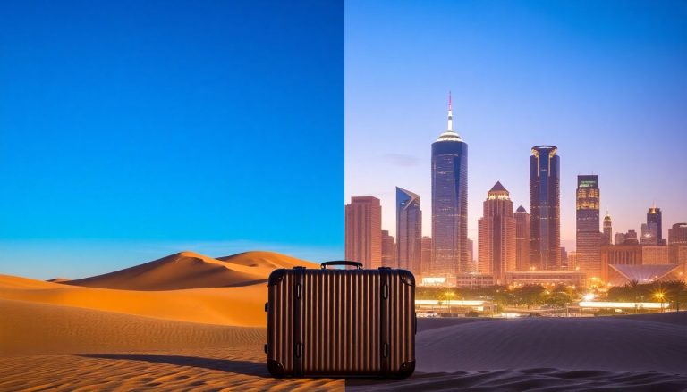 Desert landscape, city skyline, travel destinations