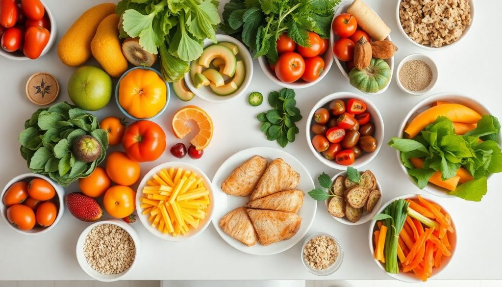 Table with colorful healthy food.