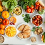 Table with colorful healthy food.