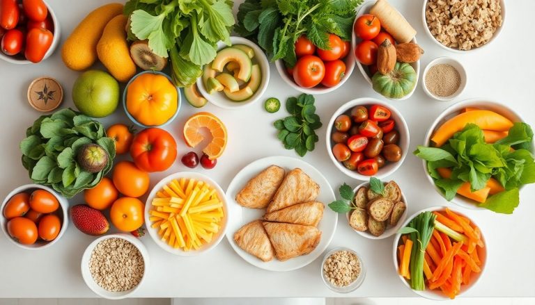 Table with colorful healthy food.