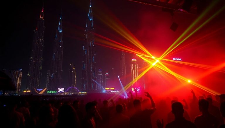 Neon-lit Dubai skyline, vibrant club scene.