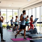 Diverse people intensely exercising in modern UAE gym.