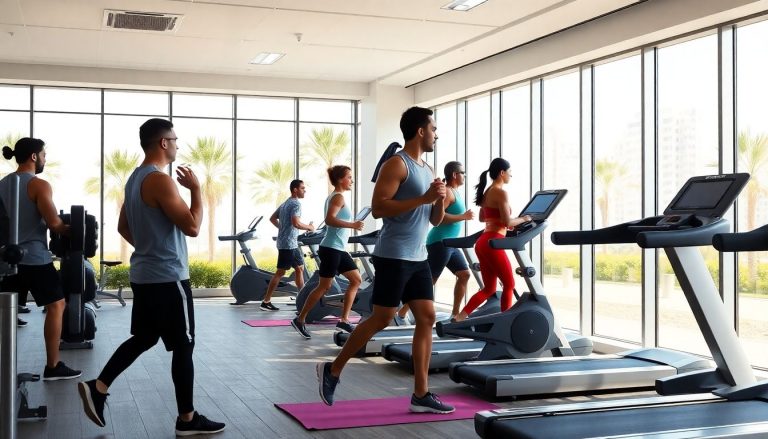 Diverse people intensely exercising in modern UAE gym.