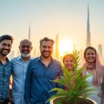 UAE skyline, diverse people smiling