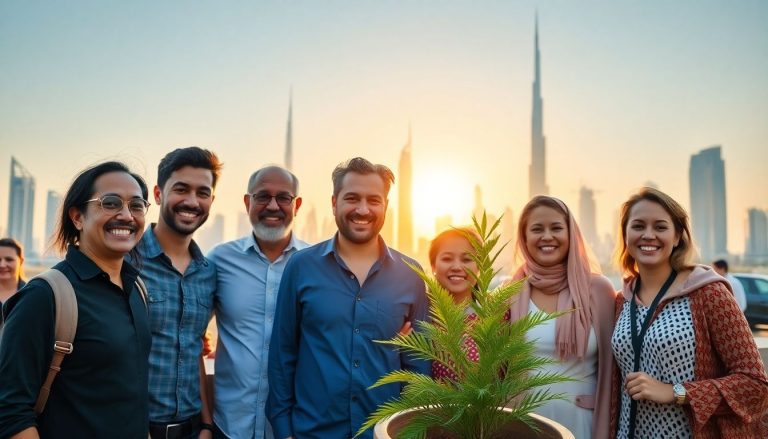 UAE skyline, diverse people smiling
