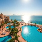 Beachfront luxury resort, Dubai skyline.