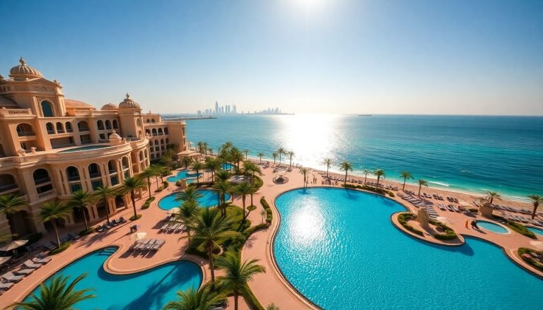 Beachfront luxury resort, Dubai skyline.