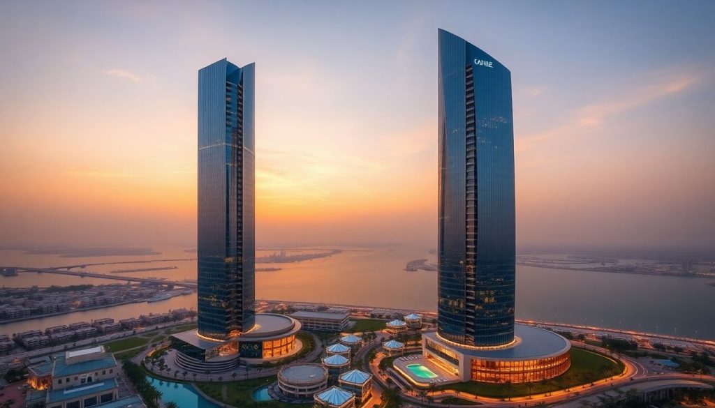 Twin glass skyscrapers rising at dusk over Dubai city skyline.