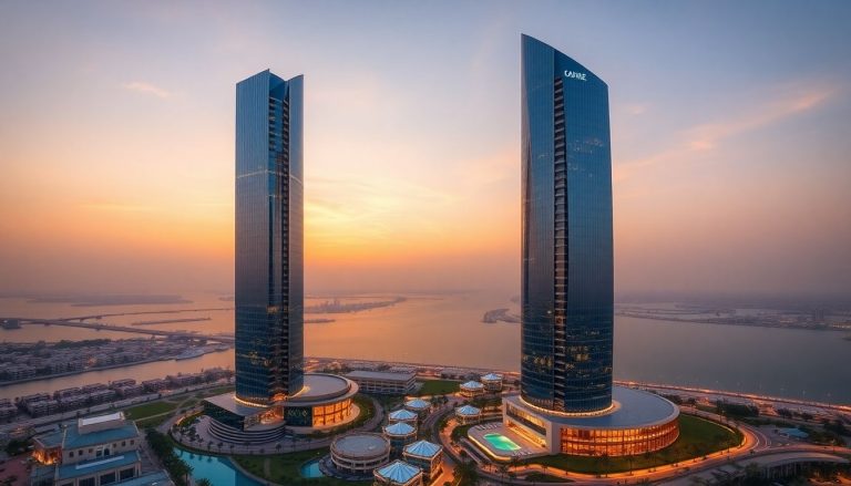 Twin glass skyscrapers rising at dusk over Dubai city skyline.