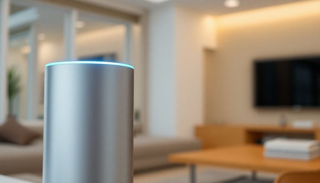 Sleek, futuristic Alexa+ device glowing blue.