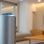 Sleek, futuristic Alexa+ device glowing blue.