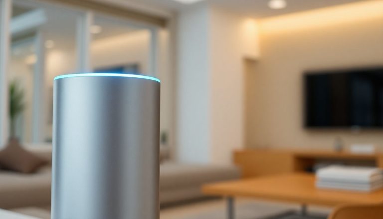 Sleek, futuristic Alexa+ device glowing blue.