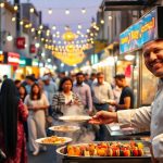 Bustling street food vendors, colorful dishes, happy people.