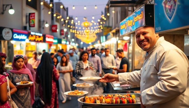 Bustling street food vendors, colorful dishes, happy people.