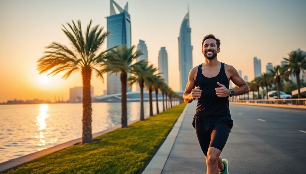 Man jogging by Dubai skyline