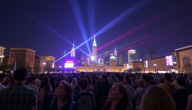 Diverse crowd in city square, bright lights, global landmarks.