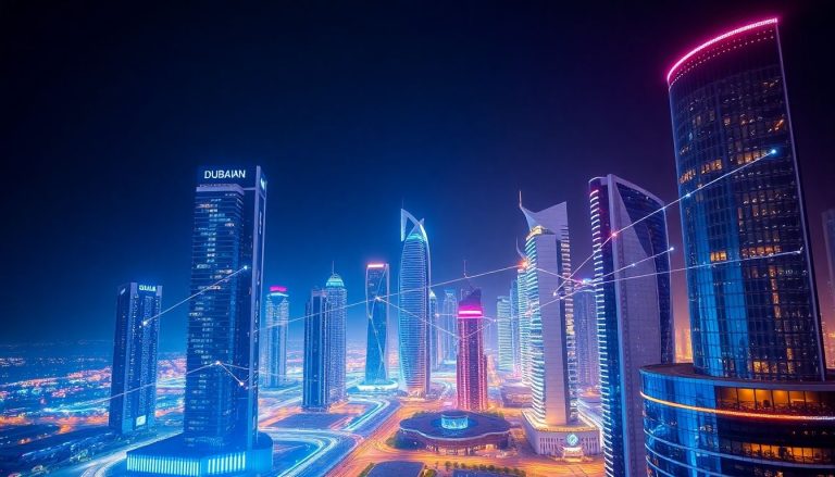 Glowing cityscape, digital lines.