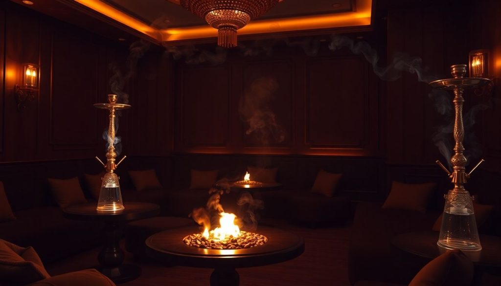 Shisha lounge in Dubai, glowing coals.