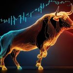 Bull and stock charts for the bitcoin coin. BTC market is booming
