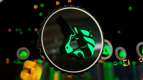 Uniswap cryptocurrency exchange protocol symbol. Neon unicorn sign. 3d render