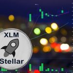 Coin cryptocurrency XLM on night city background and chart.