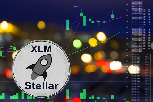 Coin cryptocurrency XLM on night city background and chart.